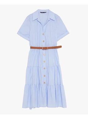 Zara Medium Light Blue Tiered Midi Shirt Dress with Brown Belt